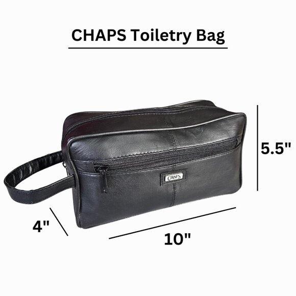 CHAPS Genuine Black Leather Travel Shave Toiletry Bag Zipper Case Organizer Dopp - Picture 8 of 8